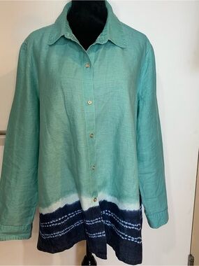 Donna Karan Large 100% Linen Green and Navy Tie-Dye Hem Button-Up Shirt